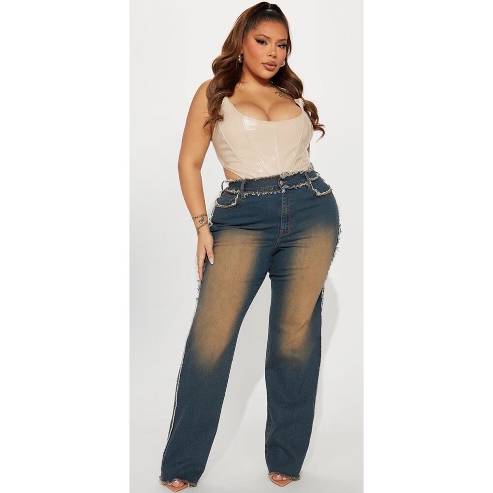 Fashion Nova Frayed Jeans Sabrina Size 11 Straight Leg High Rise Dark Wash
